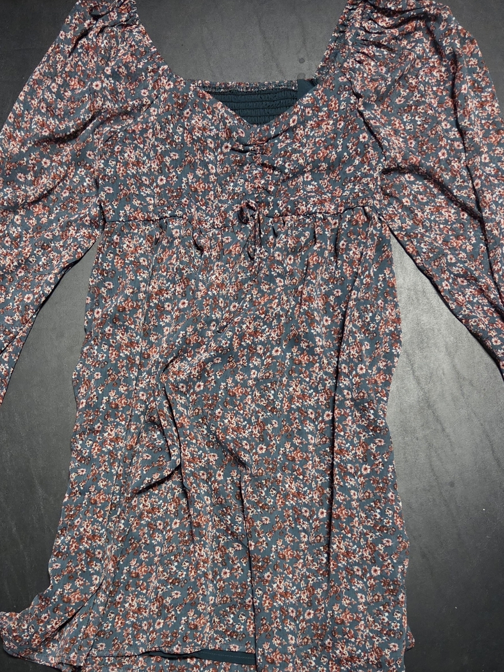 Floral Smocked Yoke Long Sleeve Dress - Green With Pink Floral Pattern